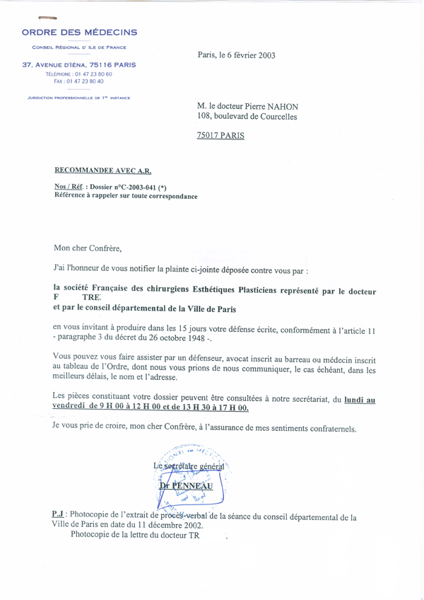 plainte de la société de chirurgie esthétique contre P. Nahon 