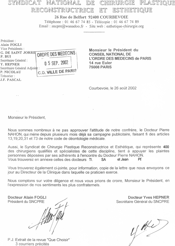 plainte du syndicat contre P. Nahon 